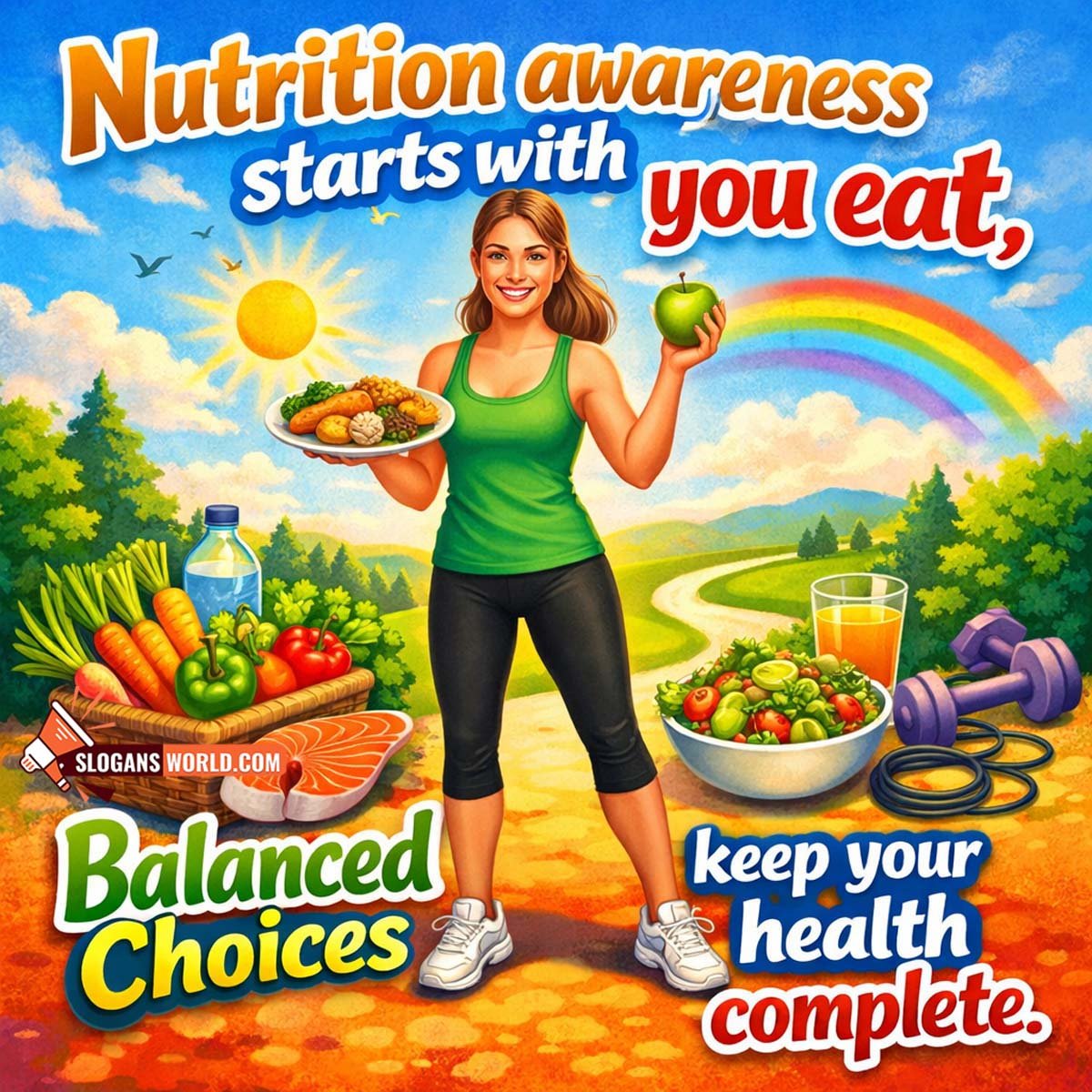 Nutrition Awareness and Balanced Diet Slogan Image featuring a woman with fruits, vegetables, and fitness elements in nature, symbolizing mindful eating and complete health.