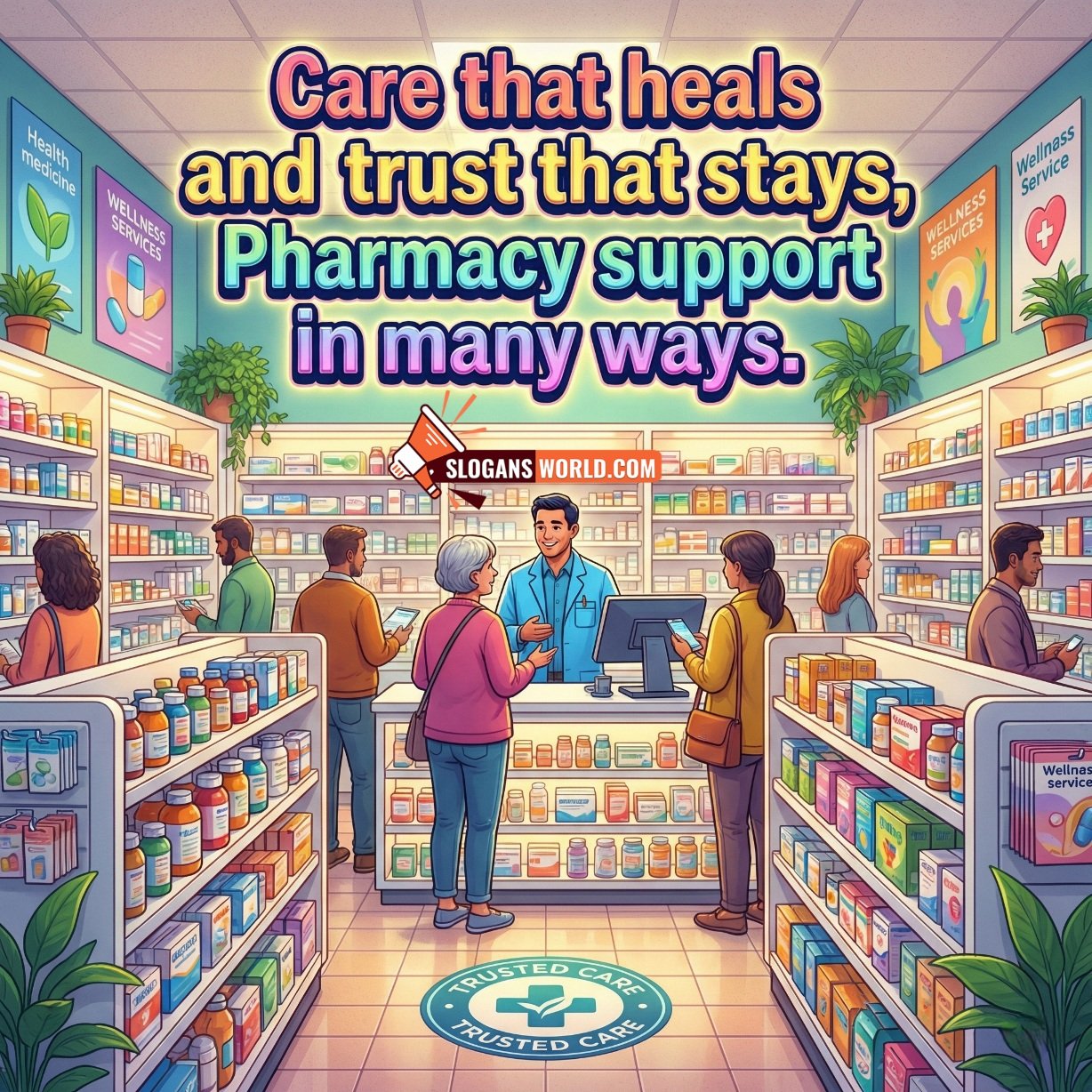 Pharmacy Slogan for Healing Care and Lasting Trust image featuring a busy pharmacy store where customers receive guidance and support in a warm organised setting, symbolizing healing, trust, and everyday wellness.
