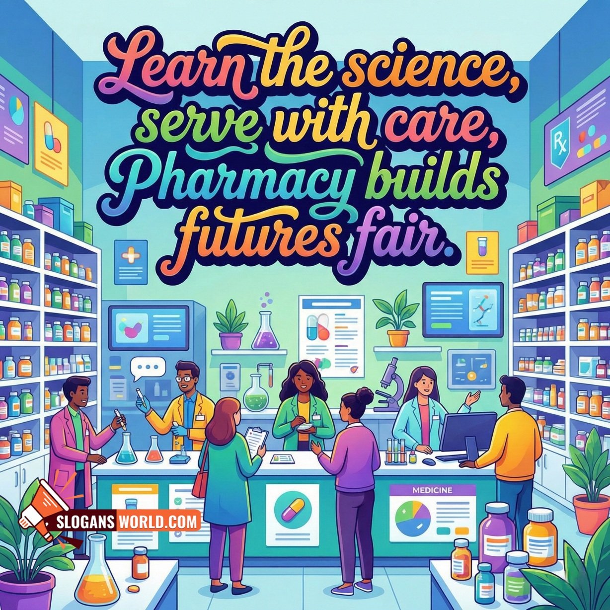 Pharmacy Slogan for Learning Science and Serving with Care image featuring a lively pharmacy lab like scene where professionals support customers with knowledge and care, symbolizing responsibility, learning, and a better future.