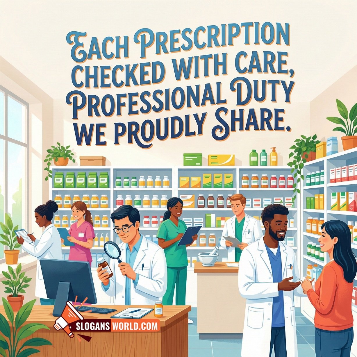 Pharmacy Slogan for Prescription Checking with Care image featuring a clean bright pharmacy scene where pharmacists work carefully with patients and medicines, symbolizing trust, safety, and professional service.