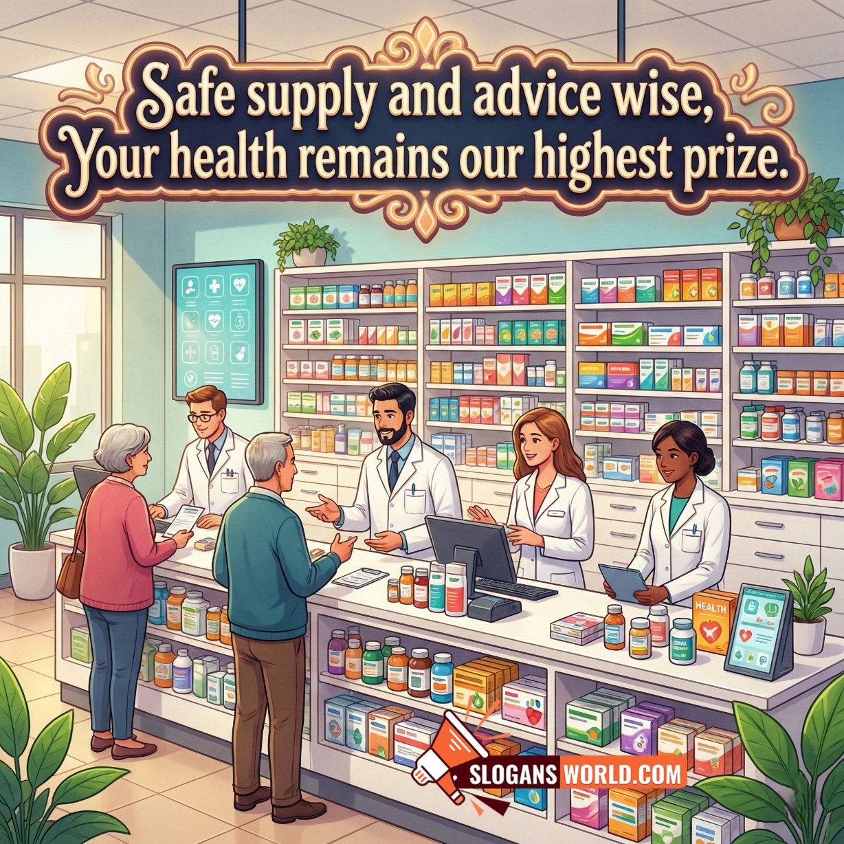 Pharmacy Slogan for Safe Supply and Wise Advice image featuring a welcoming pharmacy store where pharmacists guide customers with confidence and attention, symbolizing safety, guidance, and health protection.