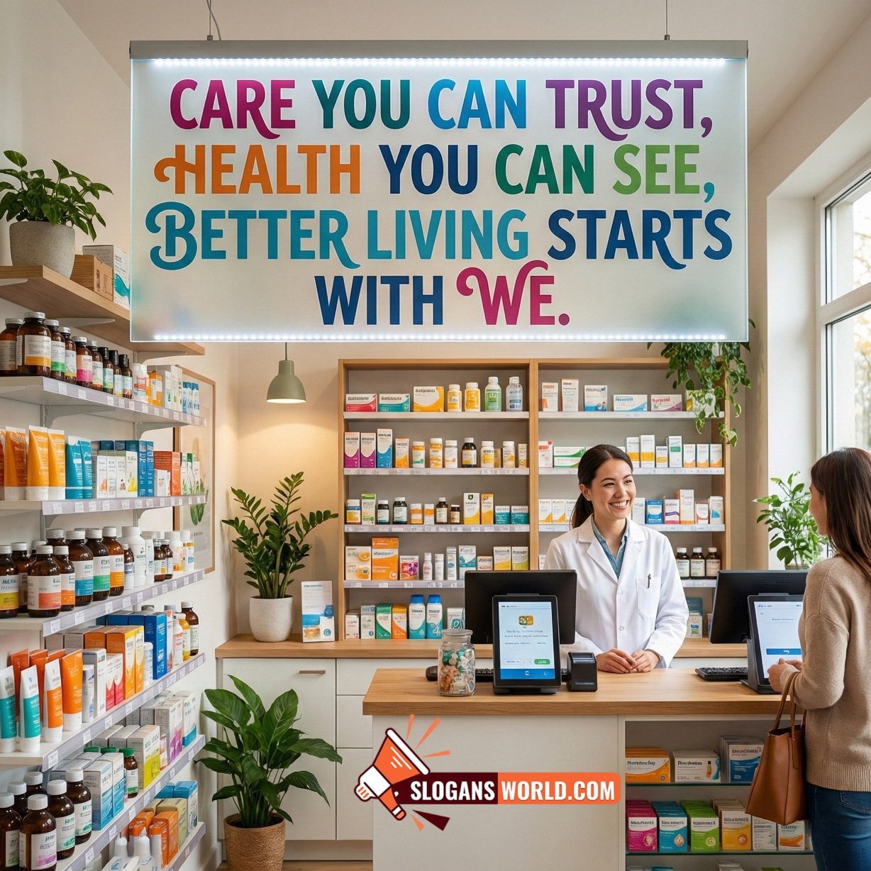Pharmacy Slogan for Trusted Care and Better Living image featuring a modern pharmacy counter with a friendly pharmacist assisting a customer in a well organised store, symbolizing reliable care and healthy living.