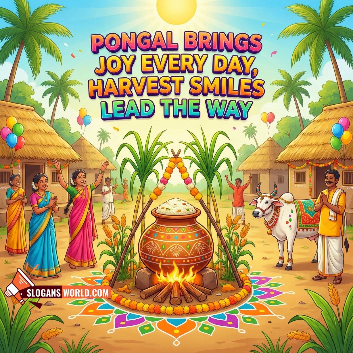 Pongal Slogan Photo for Joyful Harvest Celebration, showing a Pongal pot on fire, sugarcane arch with garlands, balloons on huts, people celebrating, a decorated cow, and a bright kolam design.