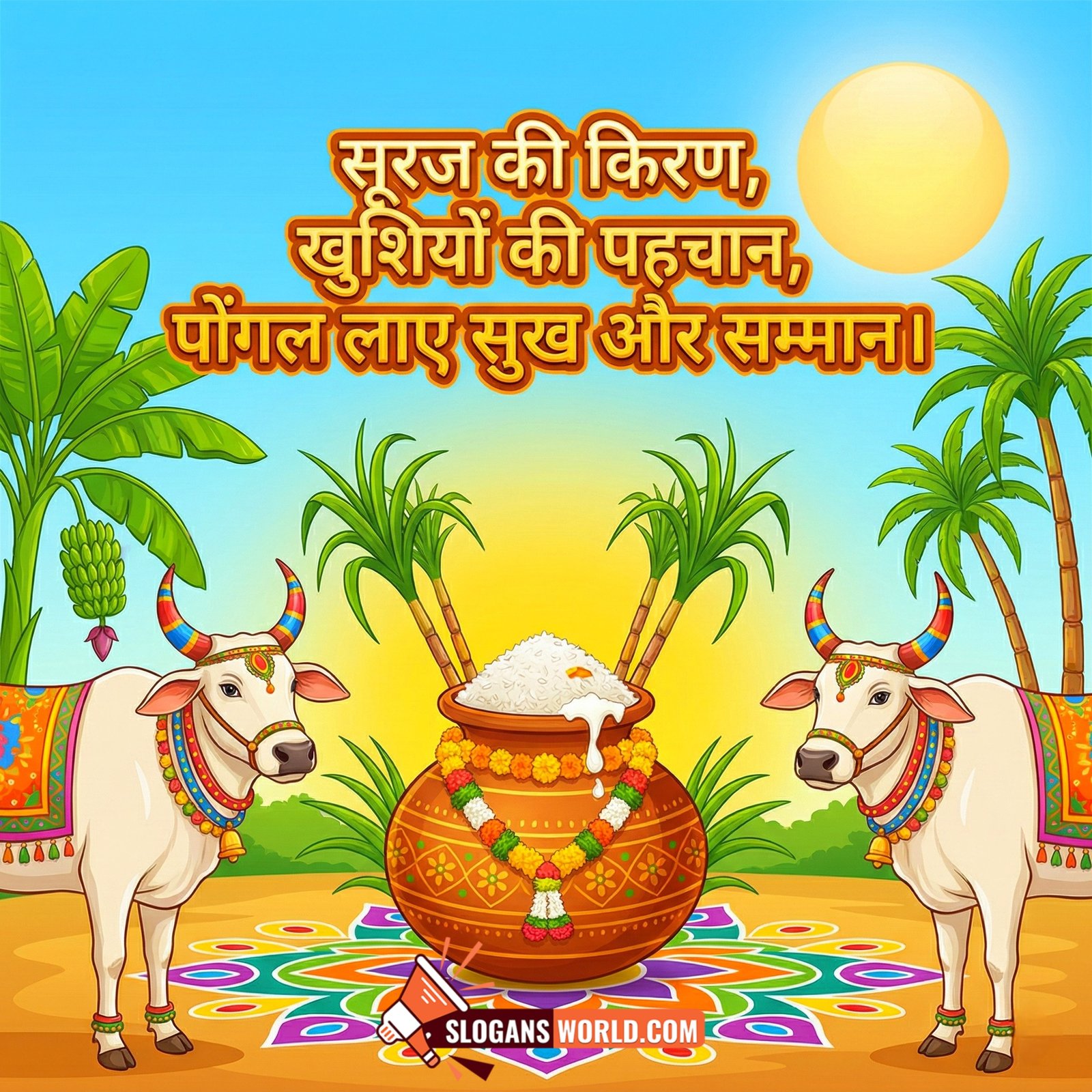 Pongal Slogan Pic in Hindi for Happiness and Respect, showing a bright sun, overflowing Pongal pot, sugarcane stalks, two decorated cows, and a vibrant rangoli in a clean festive rural scene.
