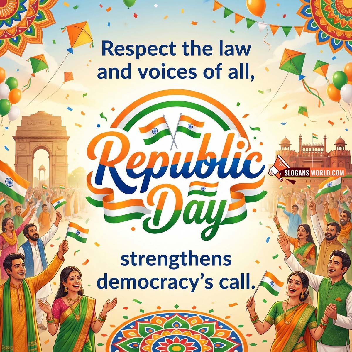 Republic Day Democracy Unity Slogan Image, featuring citizens celebrating with Indian flags near India Gate and Red Fort, symbolising respect for law, democratic values, equality, and people’s voices.