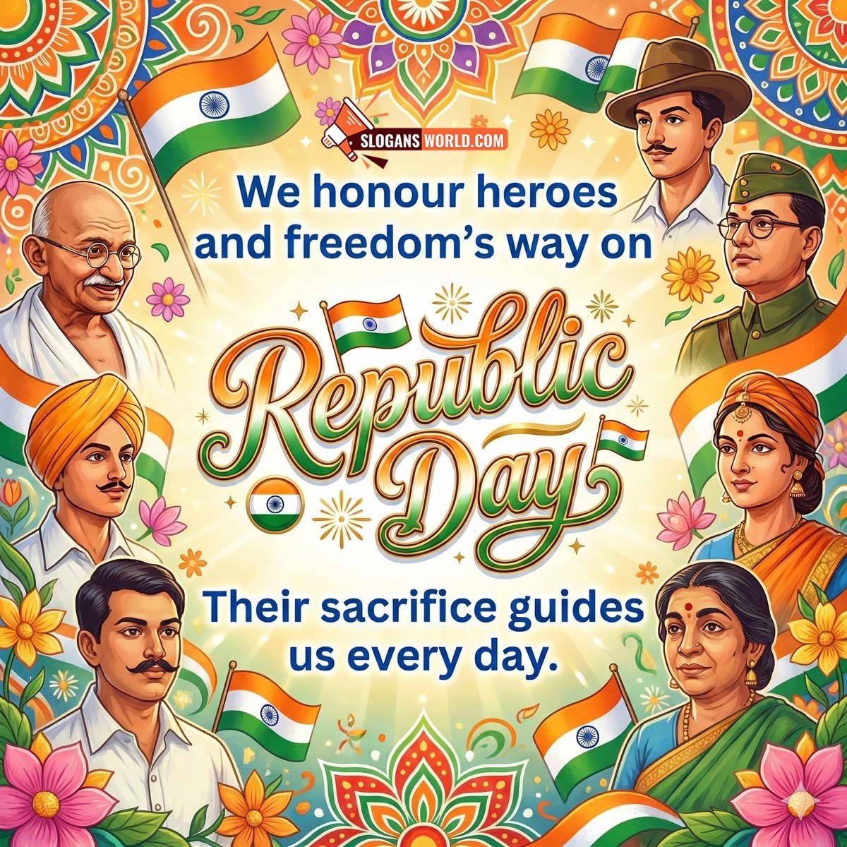 Republic Day Freedom Fighters Tribute Slogan Image, featuring portraits of Indian freedom heroes surrounded by tricolour elements and floral designs, symbolising sacrifice, patriotism, and inspiration from national leaders.