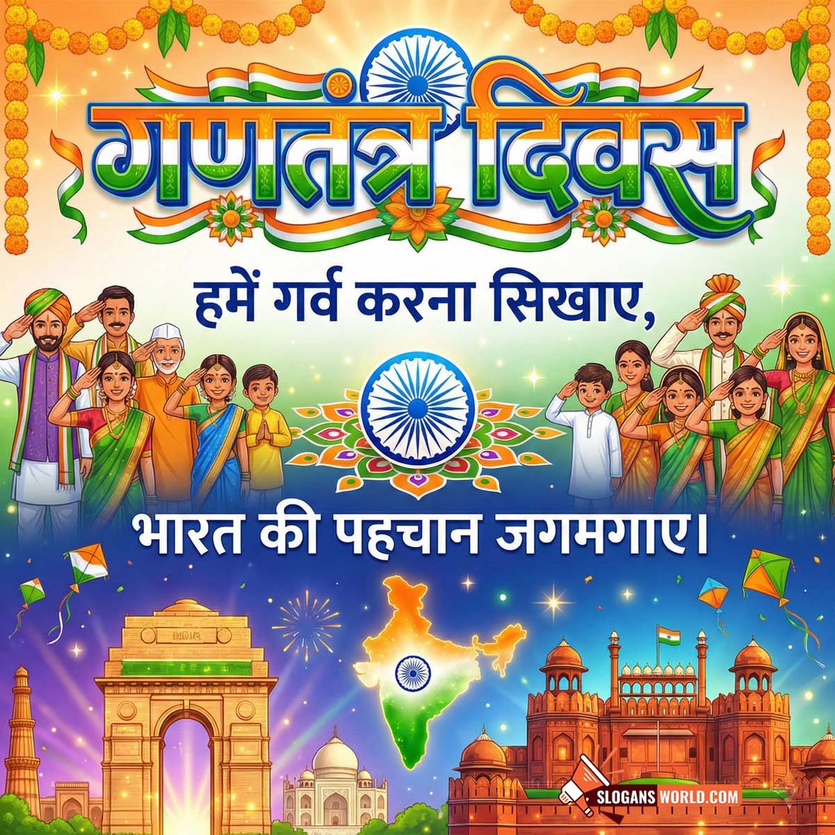 Republic Day Hindi Patriotism Slogan Image, featuring patriotic Hindi text with saluting citizens, Ashoka Chakra, India map, and iconic monuments, symbolising national pride, cultural identity, and respect for the Constitution.