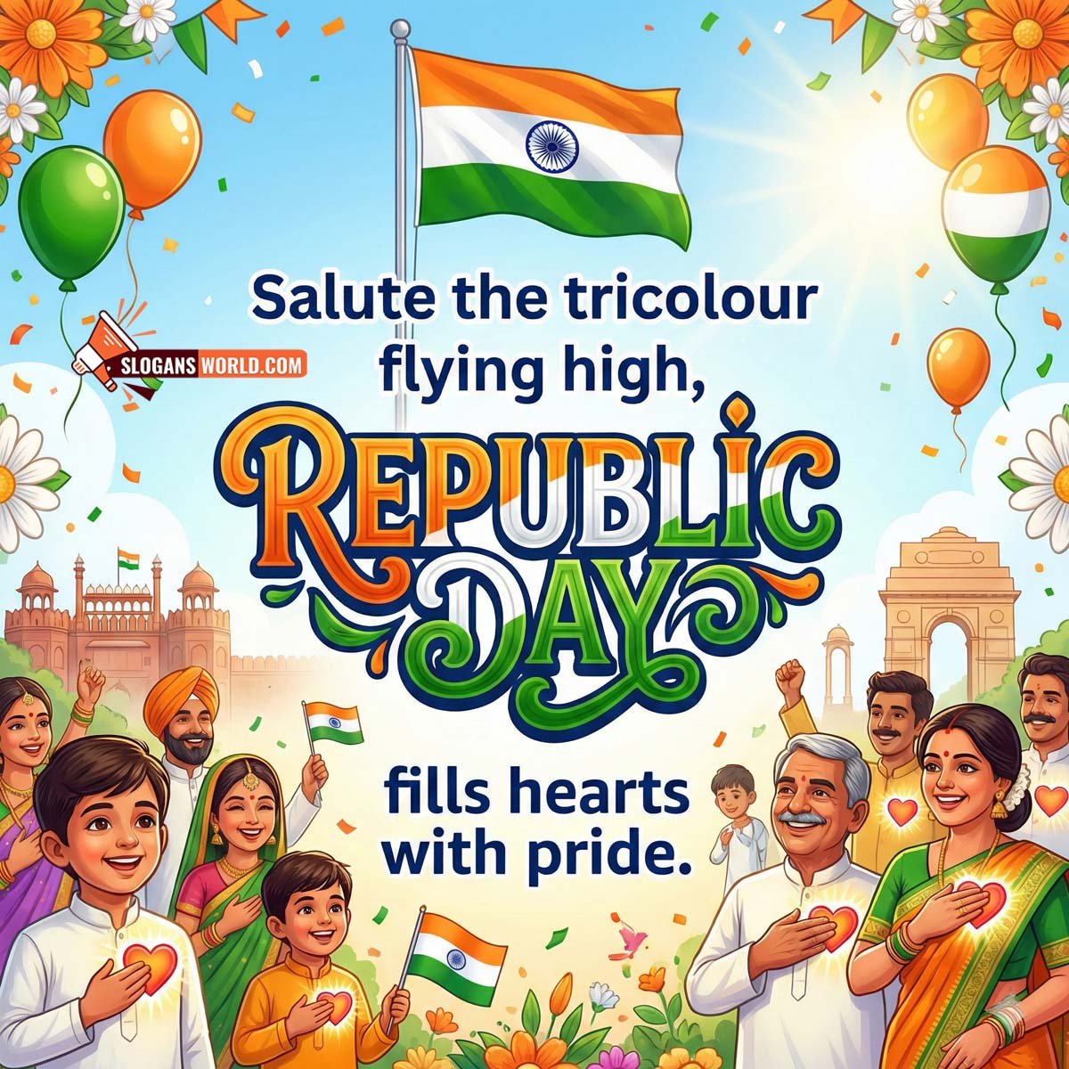 Republic Day Tricolour Pride Slogan Image, featuring the Indian national flag flying high above joyful families, balloons, flowers, and heritage monuments, symbolising national pride, unity, and respect for the tricolour.