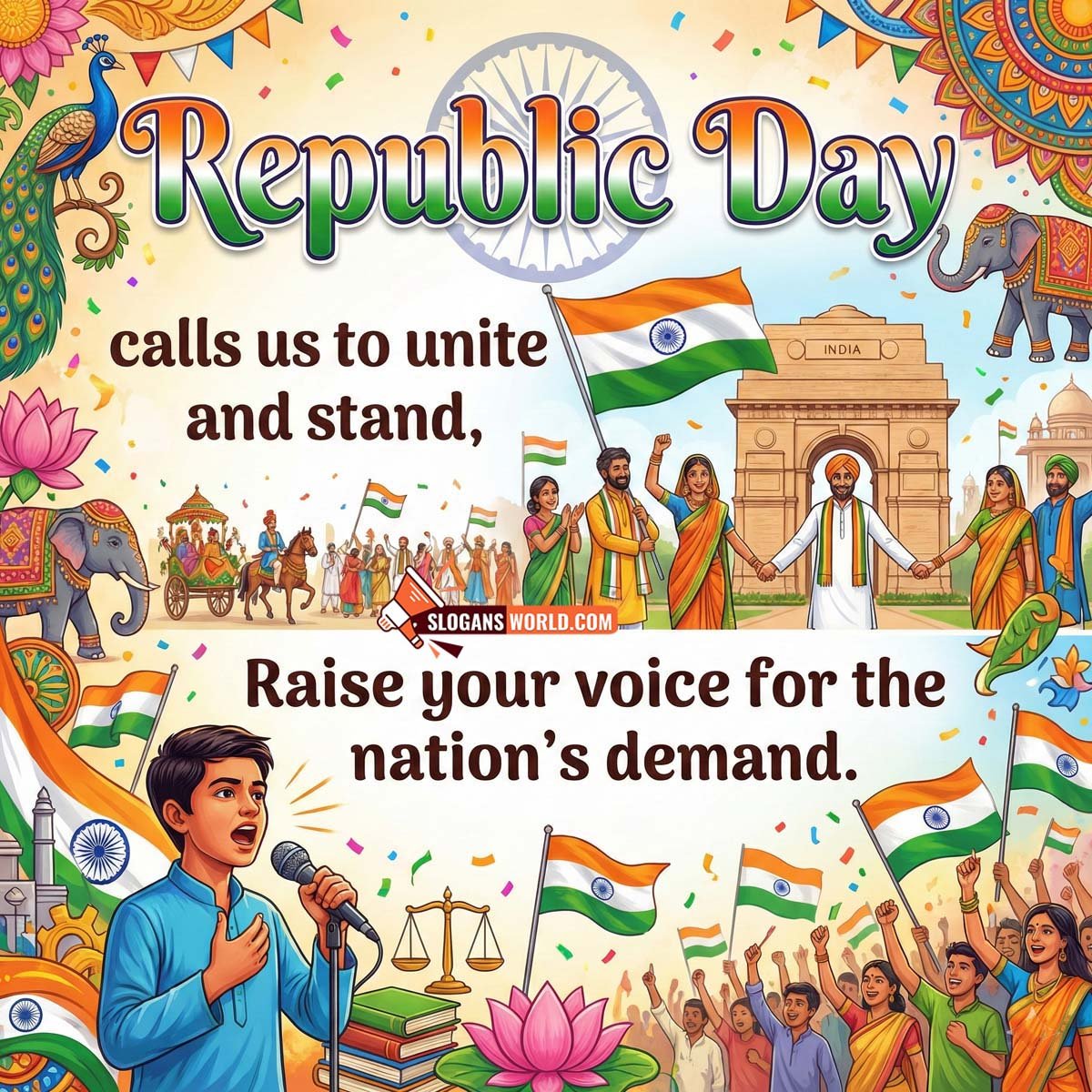 Republic Day Unity and Voice Slogan Image, featuring citizens marching together with the Indian flag, justice symbols, and national monuments, symbolising unity, democratic strength, and collective responsibility.