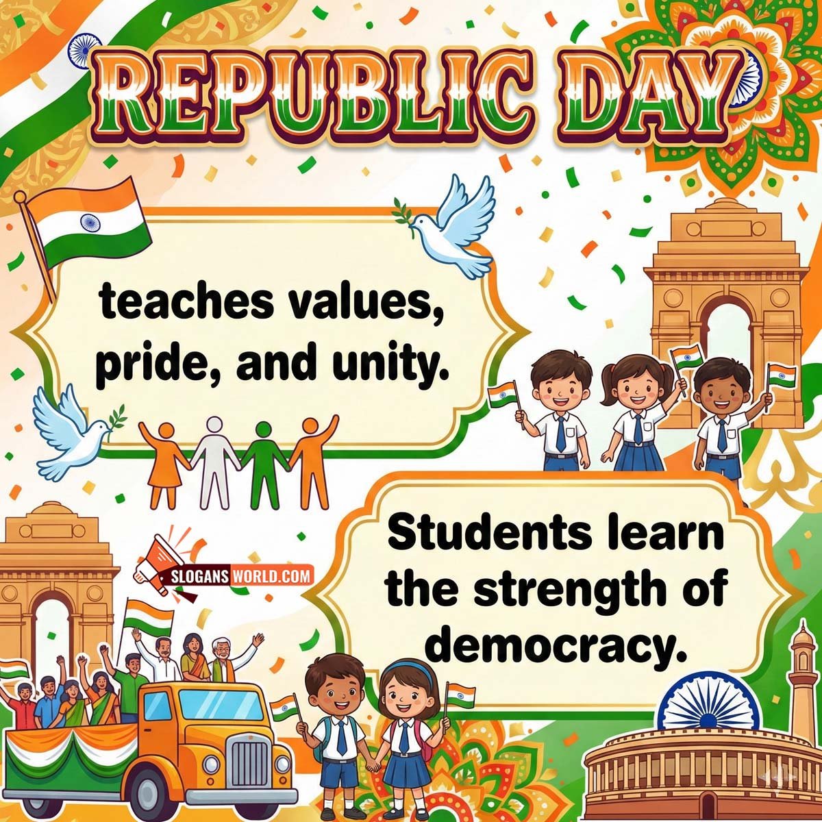 Republic Day Values and Education Slogan Image, featuring school children holding the national flag, unity symbols, and democratic imagery, symbolising how Republic Day teaches values, pride, and civic responsibility.