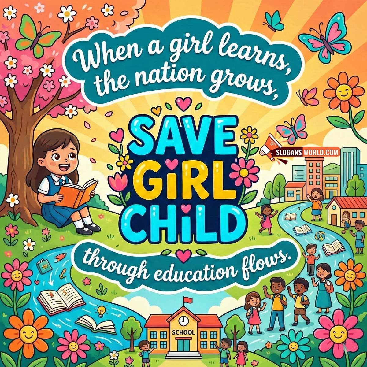 Save Girl Child Education Growth Slogan Image featuring a schoolgirl reading under a tree with a school and children learning, symbolizing national progress through girls’ education.