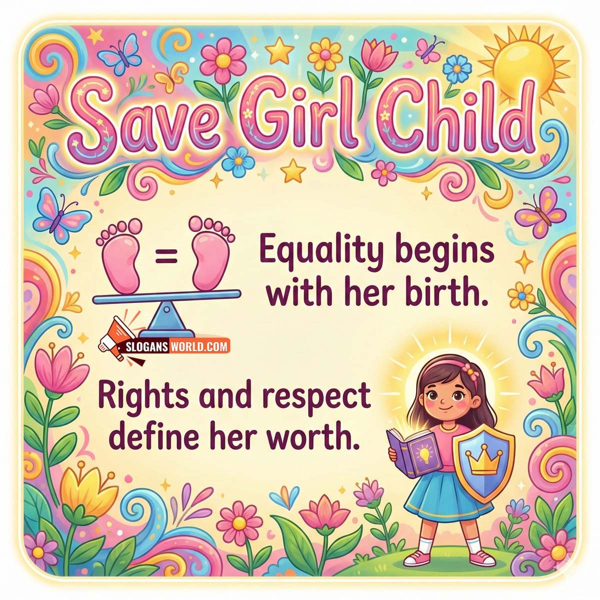 Save Girl Child Equality Rights Slogan Image featuring a young girl with balance symbols, book, and shield, symbolizing equality at birth, dignity, and respect.