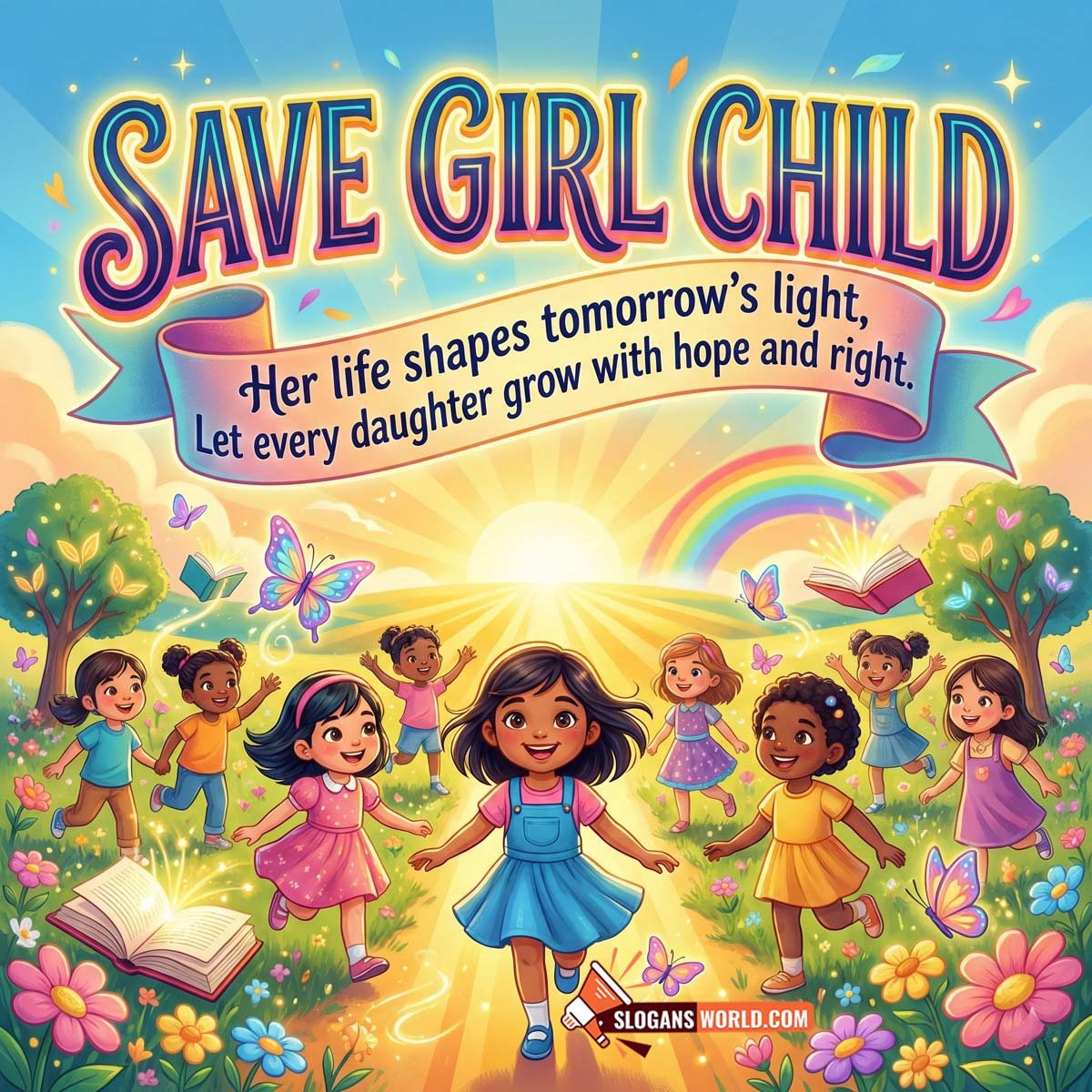 Save Girl Child Hope Future Slogan Image featuring joyful girls running toward sunlight with books and butterflies, symbolizing hope, opportunity, and a brighter tomorrow.