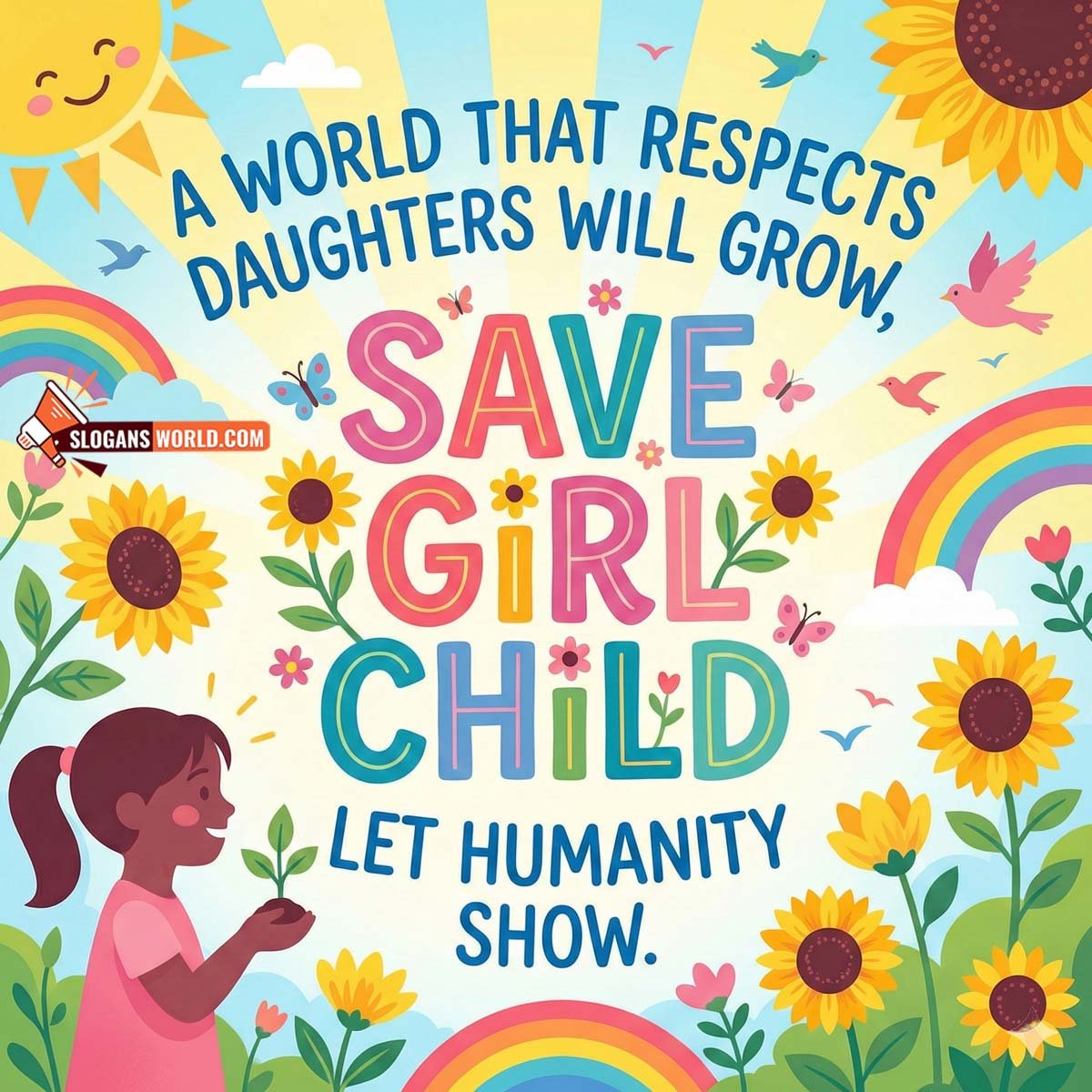 Save Girl Child Humanity Respect Slogan Image featuring a girl nurturing a plant under a bright sky, symbolizing compassion, respect, and human values.