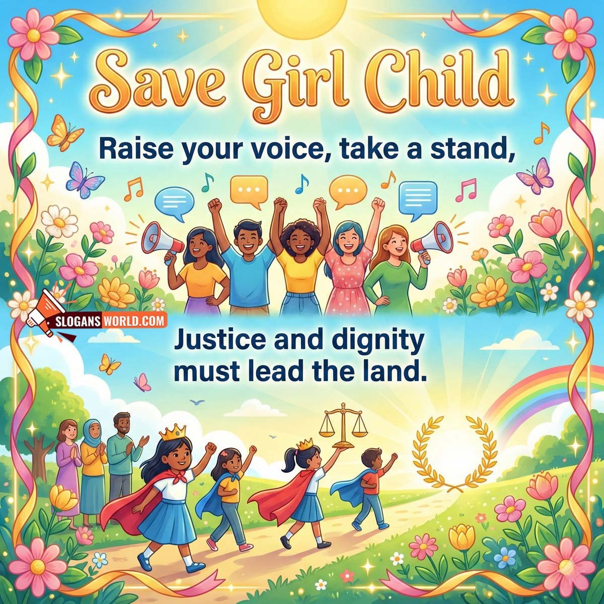 Save Girl Child Justice Dignity Slogan Image featuring children raising voices with scales of justice and unity, symbolizing rights, fairness, and social responsibility.
