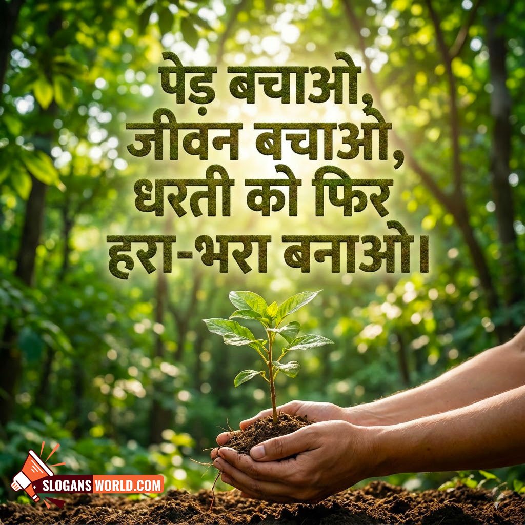 Save Trees Hindi Slogan for a Greener Earth image featuring hands planting a young sapling in a bright green forest with warm sunlight, symbolizing renewal and a hopeful eco friendly future.