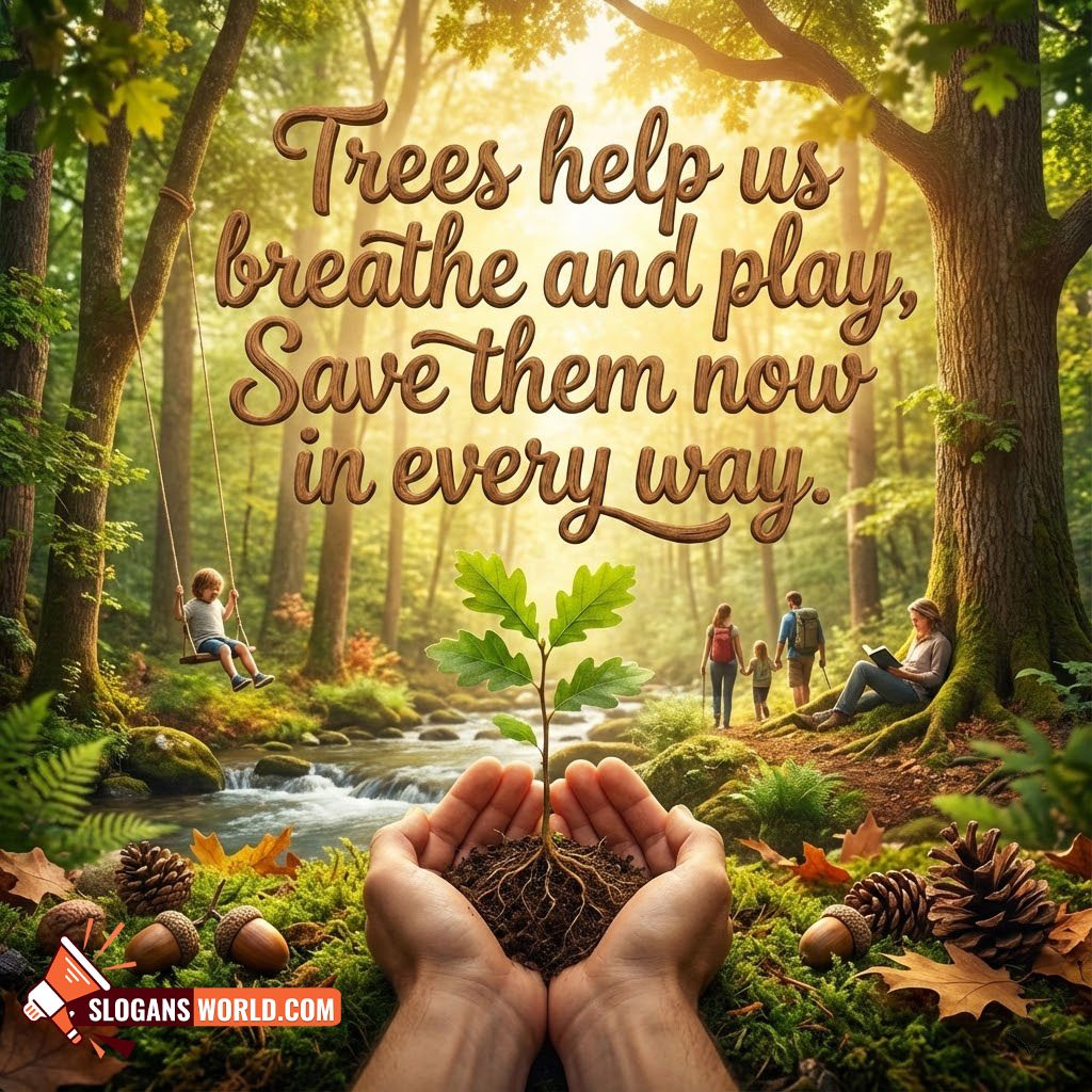 Save Trees Slogan for Clean Air and a Better Tomorrow image featuring hands holding a sapling in a forest with people enjoying nature, symbolizing life, care, and future growth.