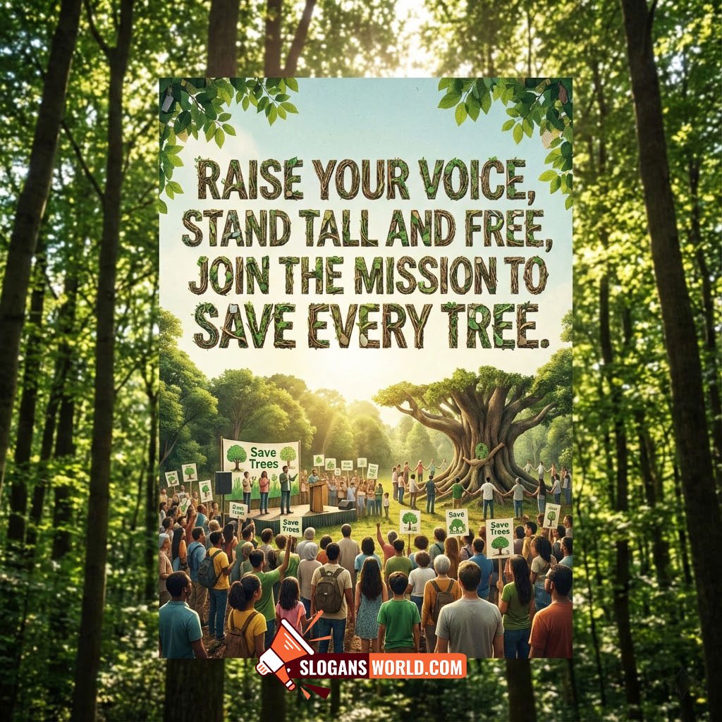 Save Trees Slogan for Environmental Awareness Campaign image featuring a large tree with a crowd holding save trees placards in a forest, symbolizing unity and action for nature.