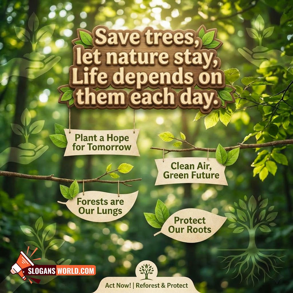 Save Trees Slogan for a Green and Healthy Future image featuring a sunlit green forest with leaf icons and nature themed slogan layout, symbolizing hope and eco care.