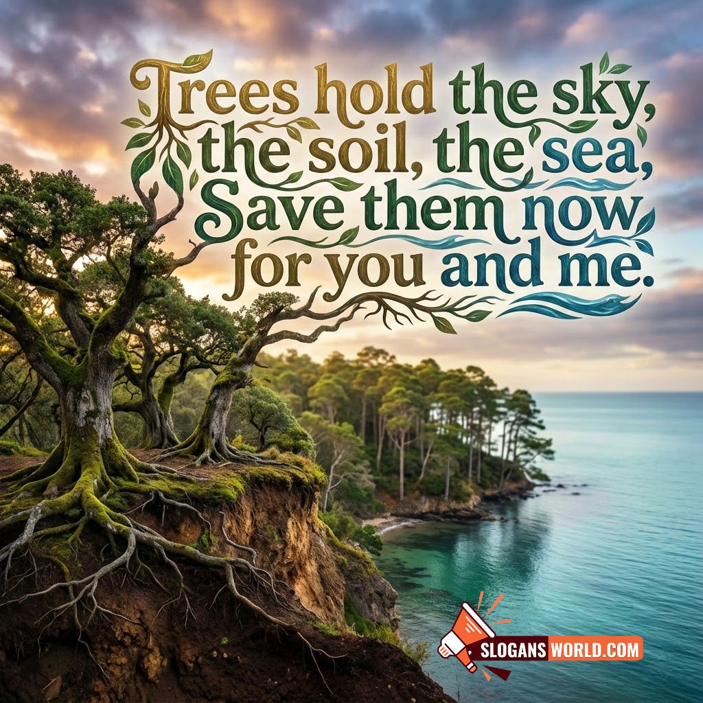 Save Trees Slogan to Protect the Sky Soil and Sea image featuring tall rooted trees on a cliff near the sea with a dramatic sky, symbolizing strength and natural balance.