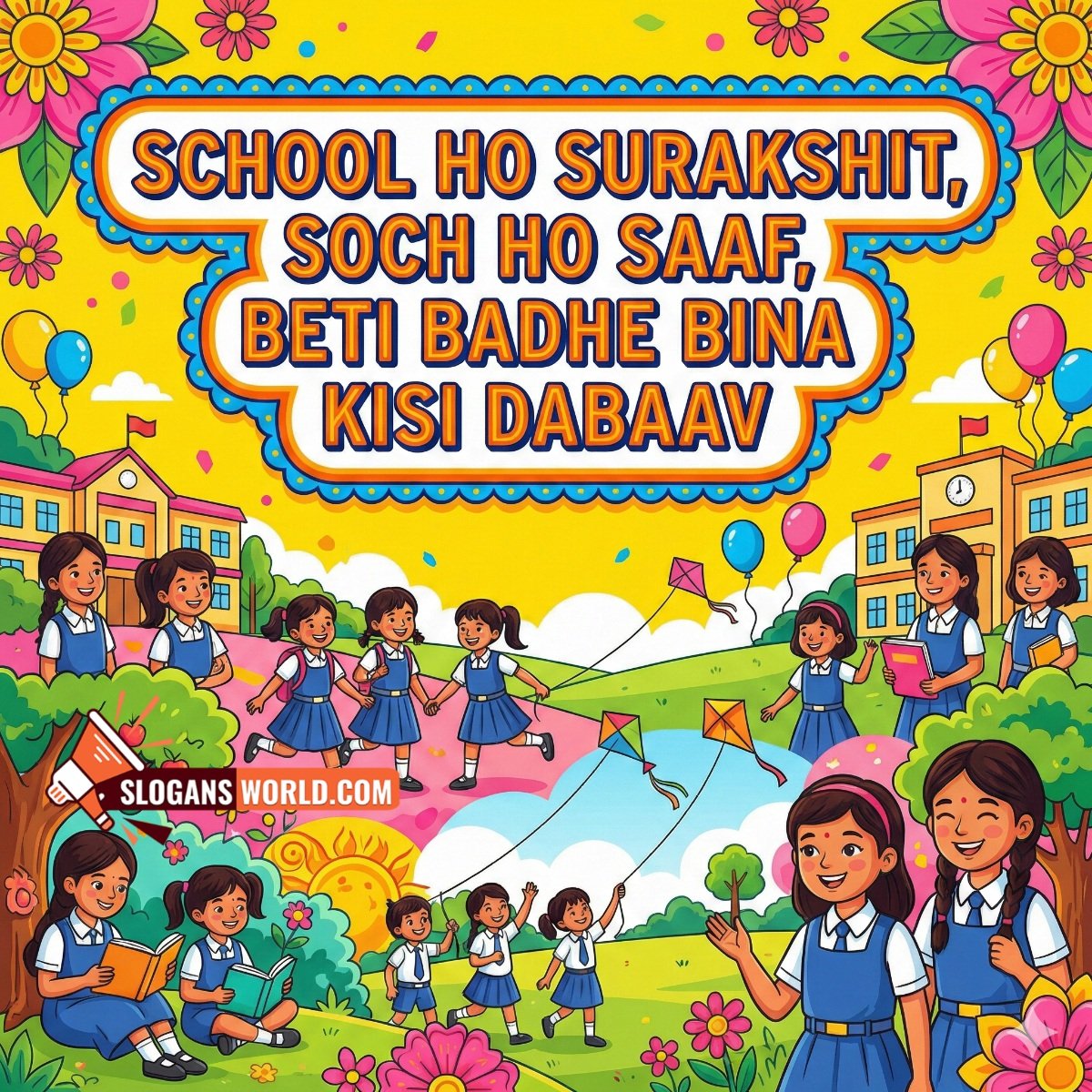 School Ho Surakshit Slogan image featuring happy schoolgirls learning, playing, and flying kites in a safe and joyful school environment.