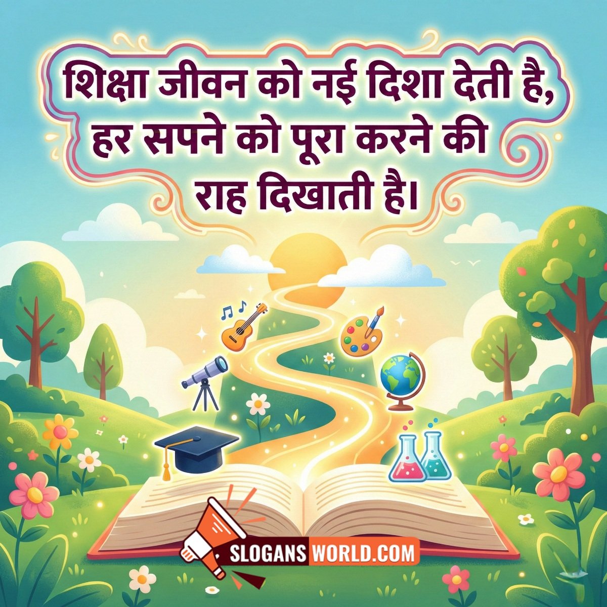 Shiksha Jeevan Ko Nayi Disha Deti Hai Slogan Image featuring an open book with a glowing path, education symbols, and sunrise scenery, symbolizing guidance, skills, and fulfilling dreams through learning.