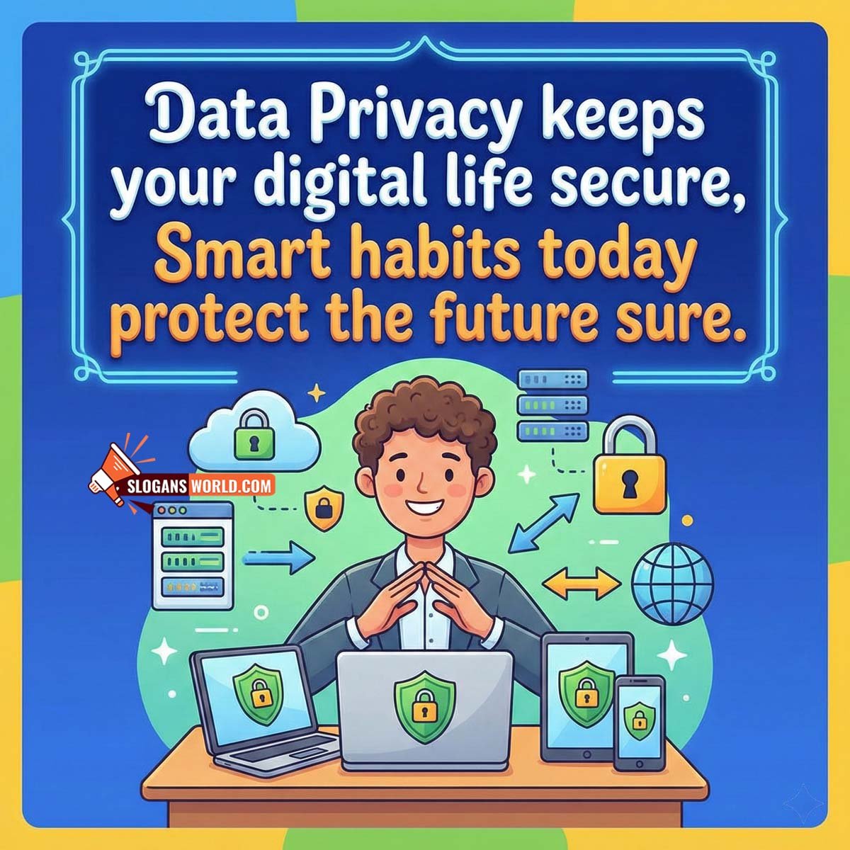 Short and Catchy Data Privacy Awareness Slogan Image featuring a user thinking at a desk with warning icons, links, and brain symbols, symbolizing alert online behavior and critical thinking.