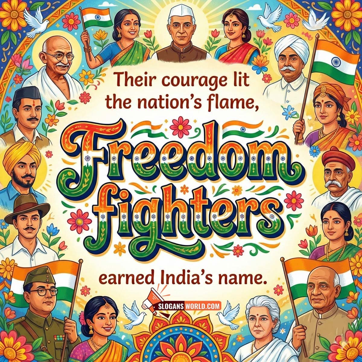 Short and Catchy Slogans Honouring India’s Freedom Fighters Image featuring iconic freedom fighters surrounded by tricolour elements, symbolizing quick yet powerful messages of bravery and national pride.
