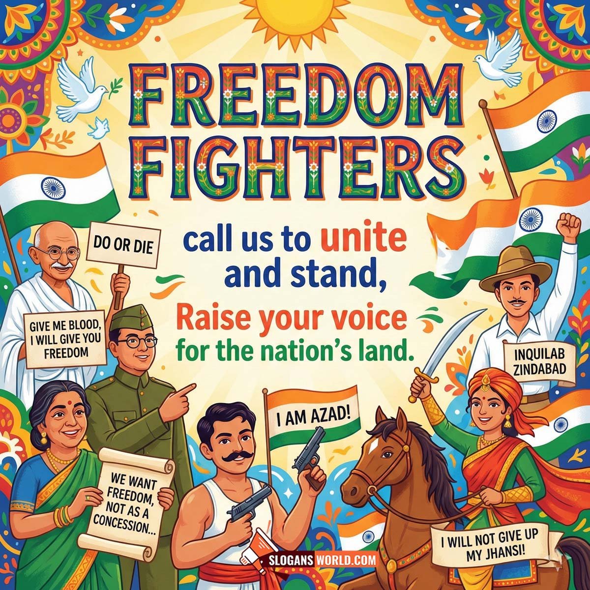Slogans for Rallies and Patriotic Campaigns Image featuring raised voices, protest symbols, and determined expressions, symbolizing unity, resistance, and collective action for the nation.