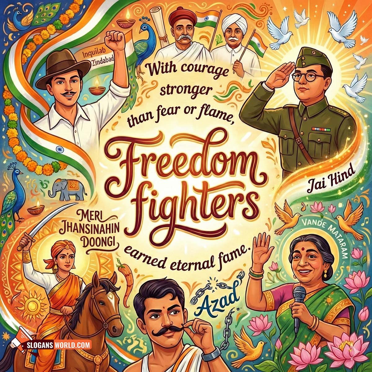 Slogans on Sacrifice and Courage of Freedom Fighters Image featuring fearless revolutionaries and symbolic flames, representing sacrifice, courage, and the price paid for India’s freedom.