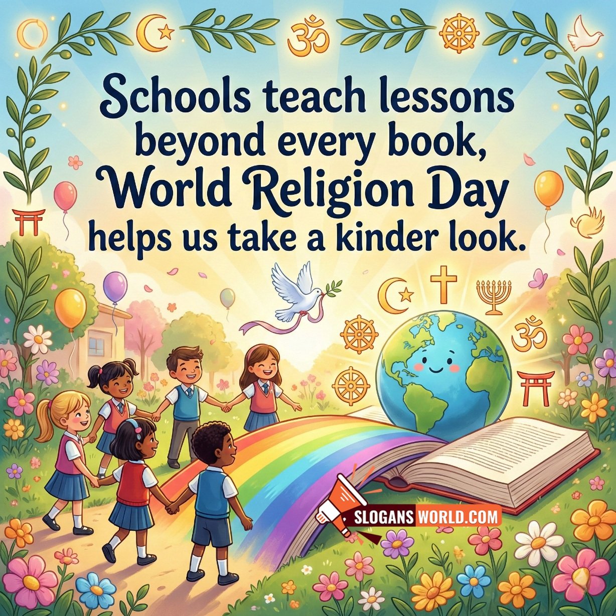 World Religion Day Slogan for School Kindness image featuring happy school children in a flower filled campus scene with an open book, smiling globe, and a peace dove above, symbolizing learning empathy, respect, and a kinder outlook.