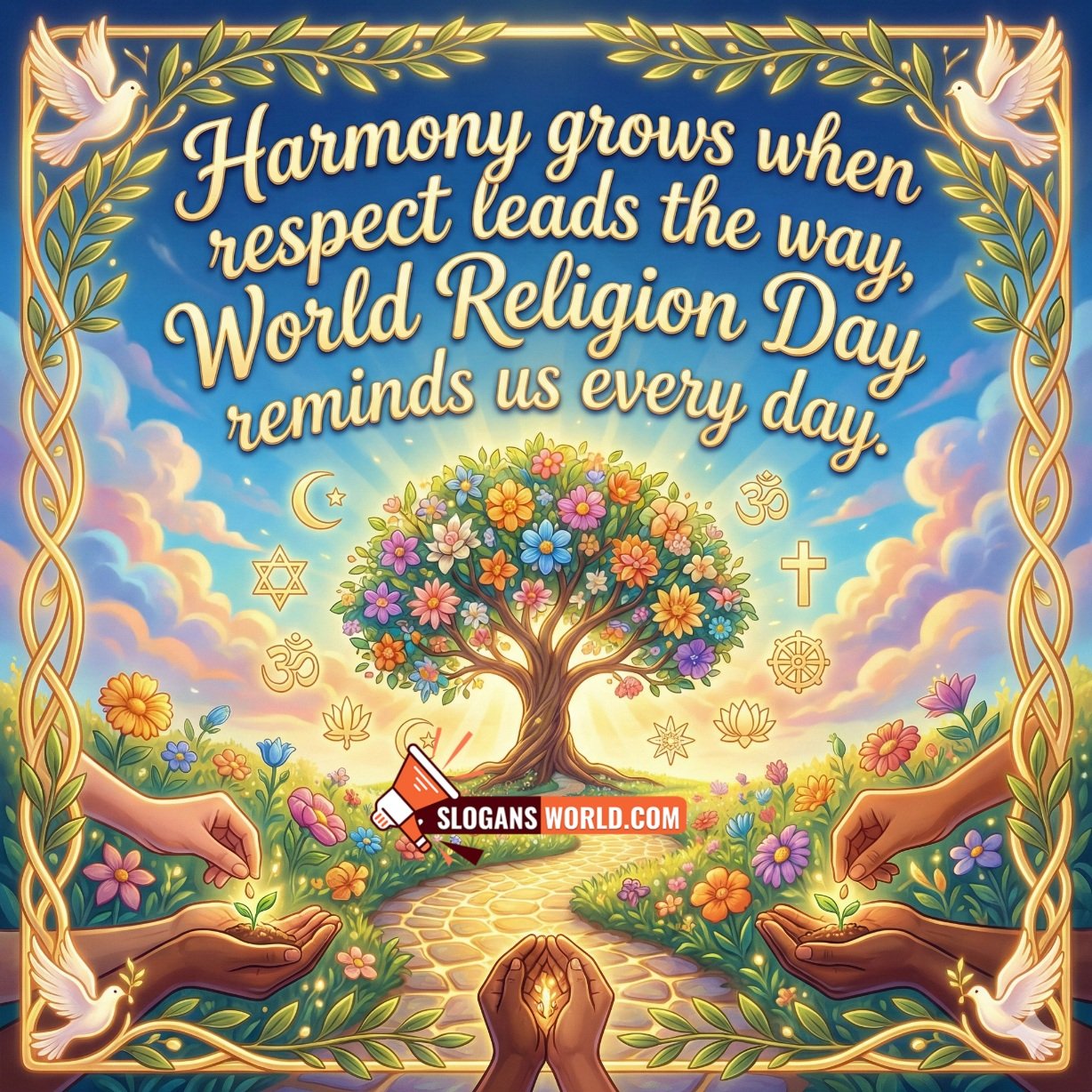 World Religion Day Slogan on Harmony and Respect image featuring a bright sky garden scene with a blossoming unity tree, peaceful doves, caring hands, and faith symbols around a glowing path, symbolizing mutual respect, peace, and togetherness.