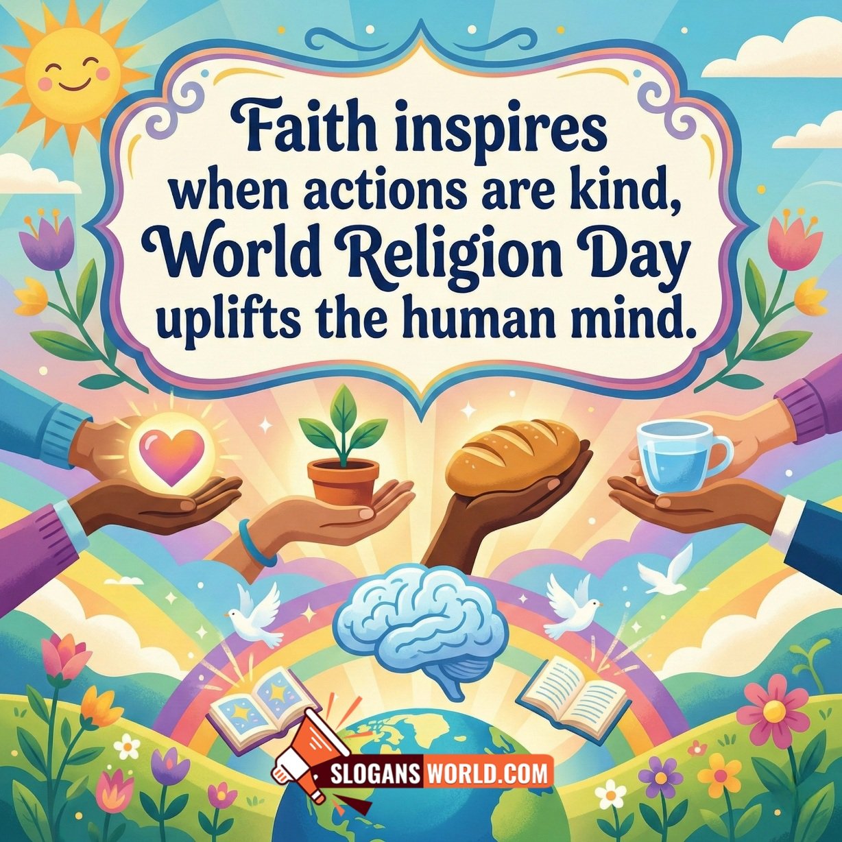 World Religion Day Slogan on Kind Actions image featuring helping hands offering care and support, with a rainbow and globe below a bright cheerful sky, symbolizing kindness, compassion, and uplifted thinking.