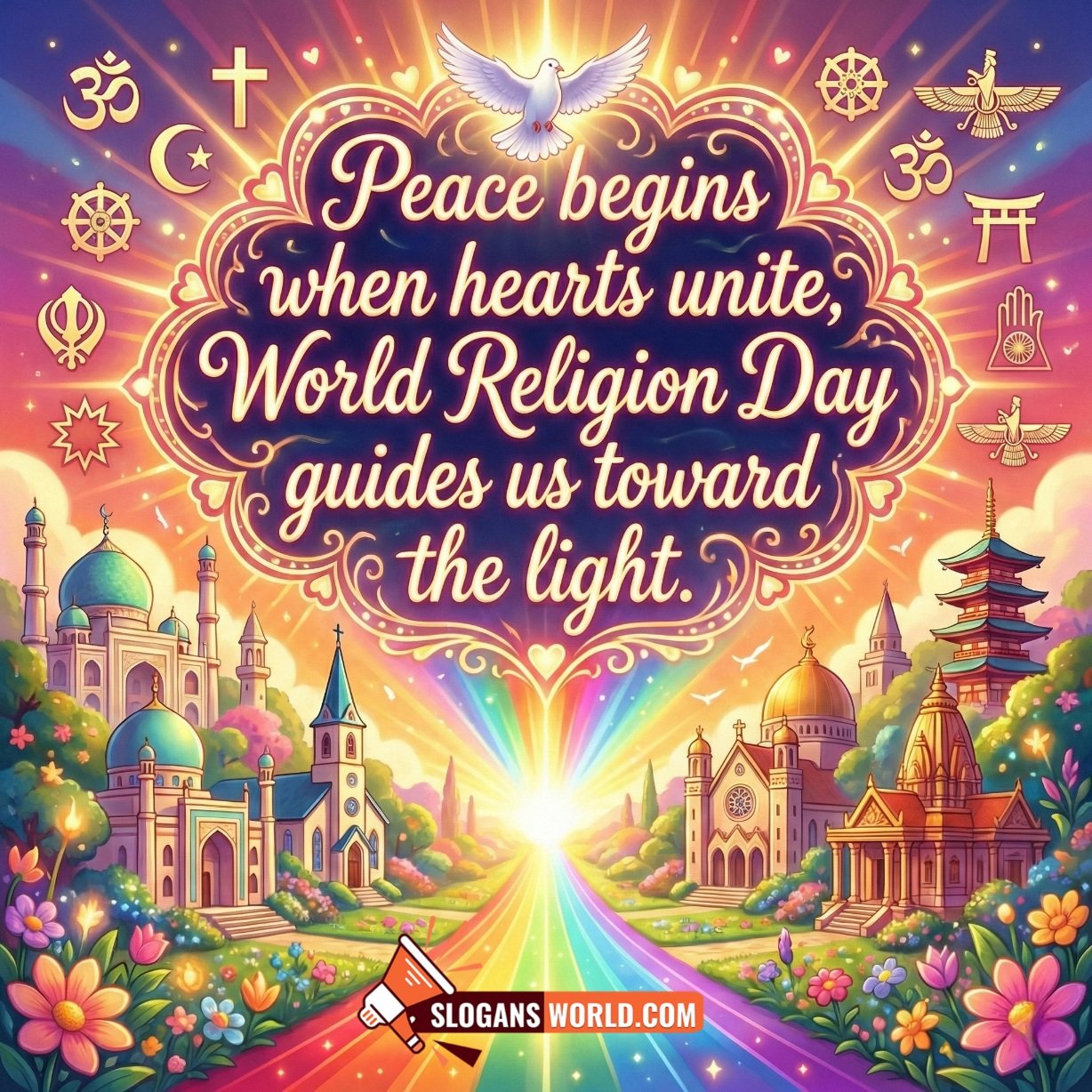 World Religion Day Slogan on Peace and Unity image featuring a radiant sunrise between different worship places, a white dove in the centre, and faith symbols in the sky with warm festive glow, symbolizing hope, harmony, and peaceful coexistence.