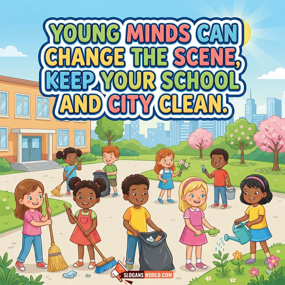 Clean School and City Awareness Slogan Image featuring school children cleaning their campus with brooms, trash bags, and watering plants in front of buildings symbolizing youth responsibility for a clean environment.