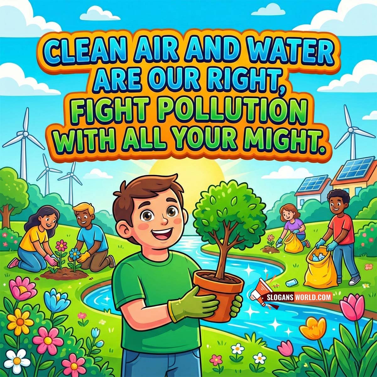 Fight Pollution for Clean Air and Water Slogan Image featuring children planting trees and cleaning near a river with wind turbines and solar panels symbolizing collective environmental action.
