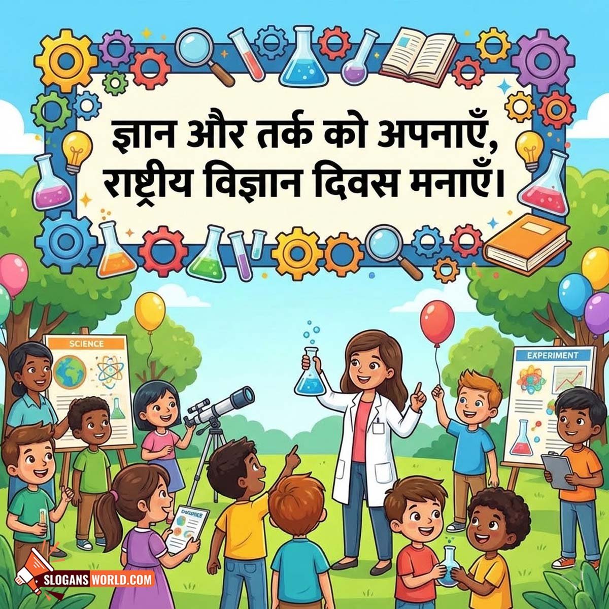 Hindi National Science Day Awareness Slogan Image featuring a teacher and children performing science experiments with lab equipment, telescope, charts, and balloons symbolizing scientific curiosity and learning.