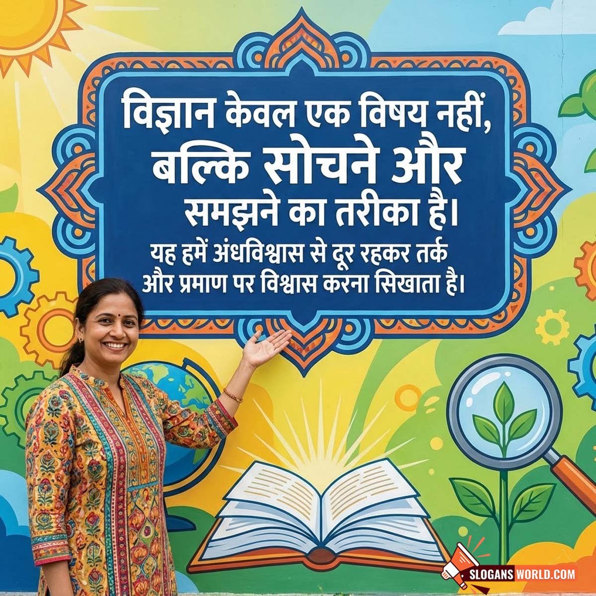 Hindi National Science Day Scientific Thinking Message Image featuring a woman pointing toward an educational board with science symbols, open book, sun rays, and plant illustration symbolizing logical thinking and rational awareness.