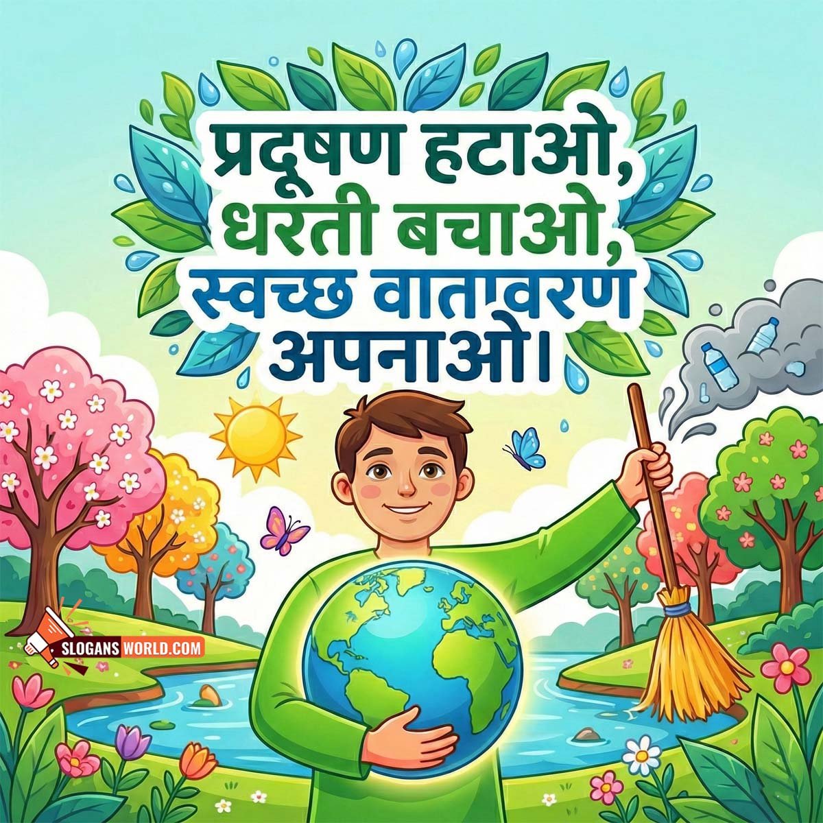 Hindi Pollution Awareness Environmental Slogan Image featuring a child holding the earth and a broom in a clean natural setting symbolizing responsibility toward a pollution-free environment.