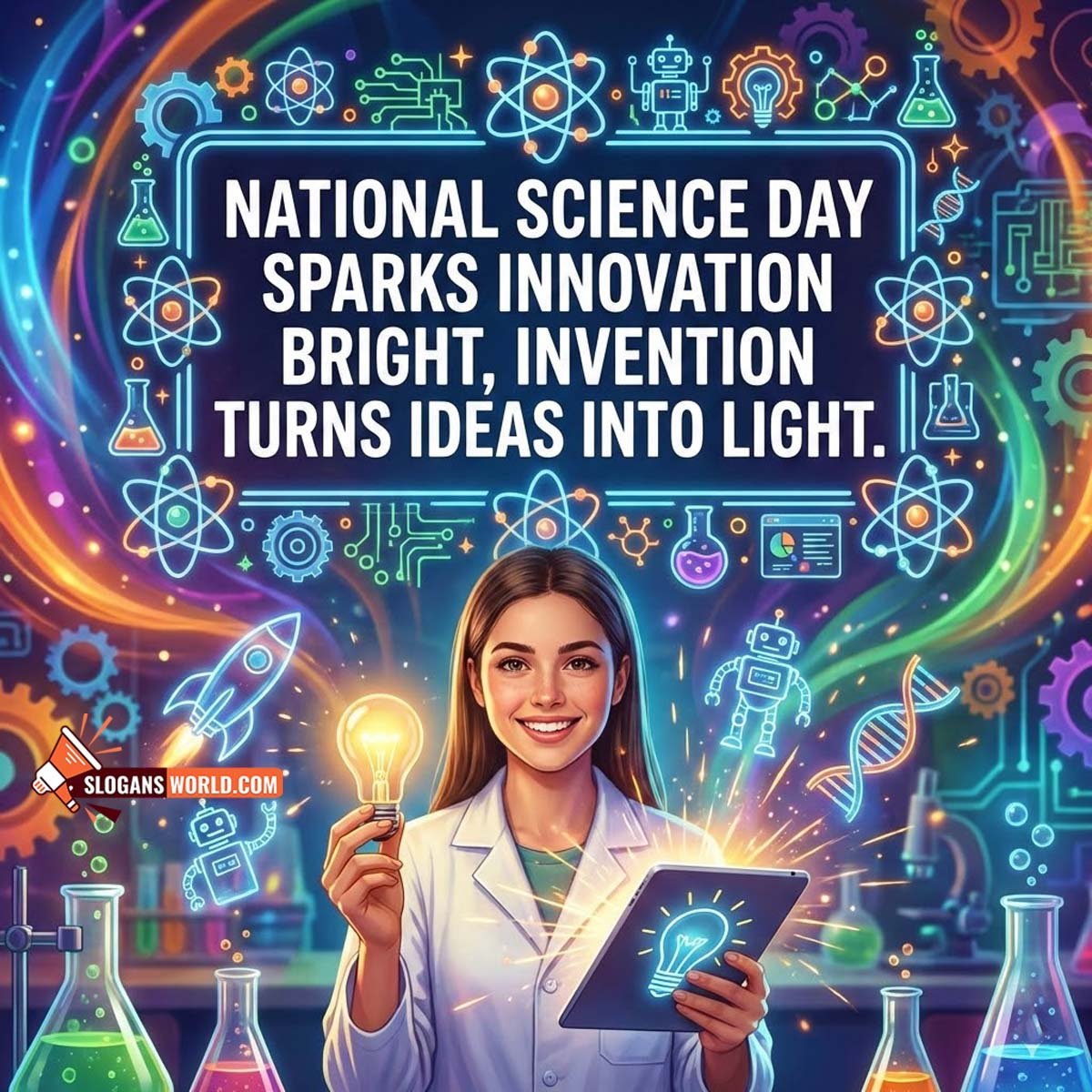 Innovation Theme National Science Day Slogan Image featuring a scientist holding a glowing bulb and tablet in a futuristic lab with digital science icons symbolizing creativity and invention.