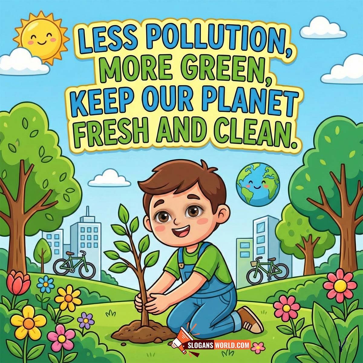 Less Pollution More Green Environmental Slogan Image featuring a child planting a sapling in a clean park with trees, flowers, city buildings, and a smiling earth symbolizing a greener and healthier planet.