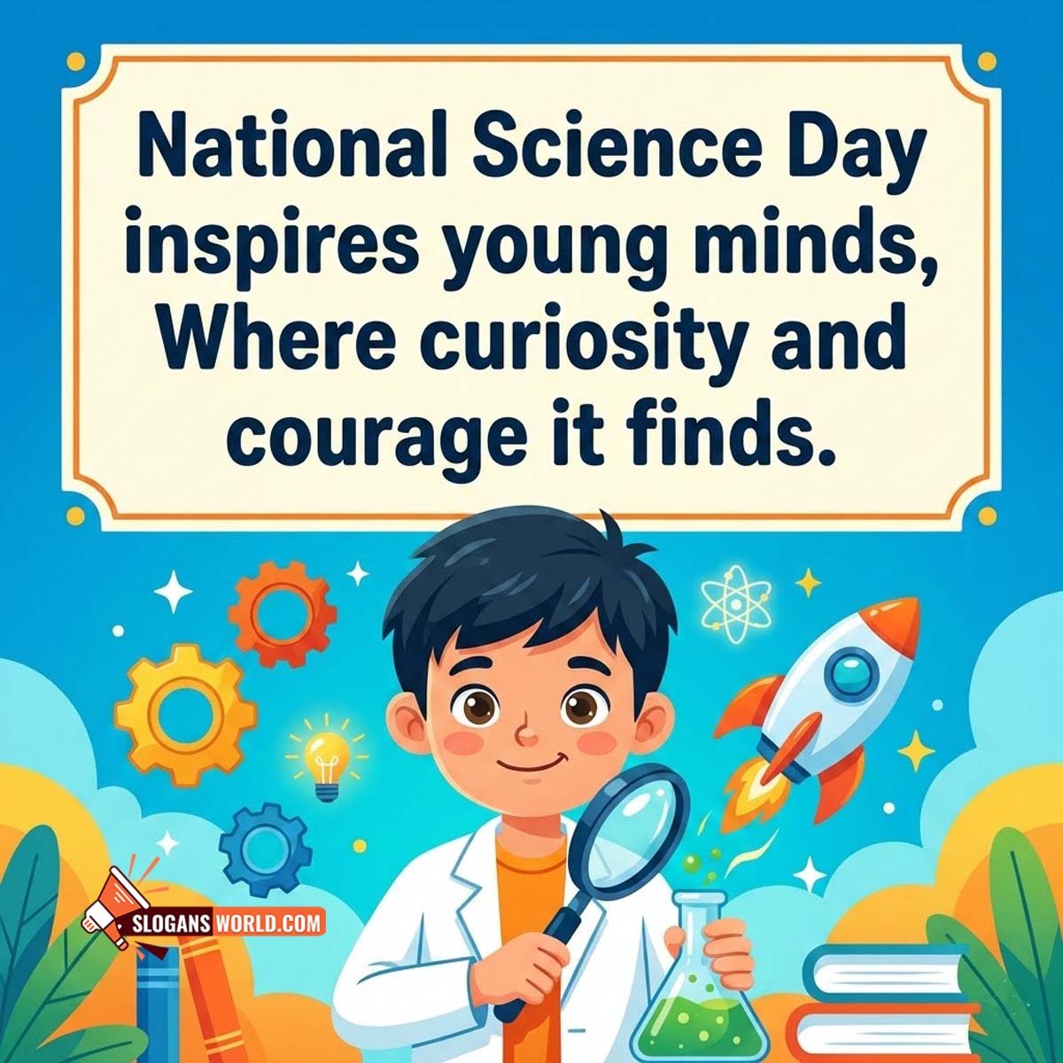 National Science Day Inspiration Slogan Image featuring a young boy in a lab coat holding a magnifying glass and flask with rocket and science icons in background symbolizing curiosity and innovation.