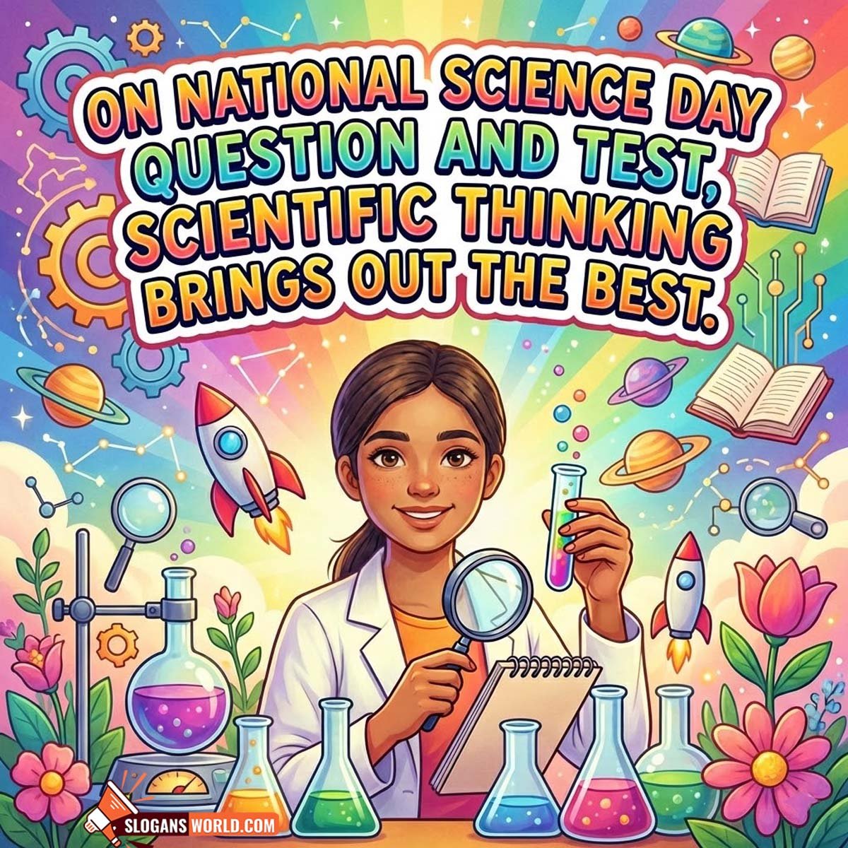 National Science Day To Promote Scientific Thinking Slogan Image featuring a young scientist holding lab glassware and notebook with rockets, planets, and science tools symbolizing inquiry and experimentation.