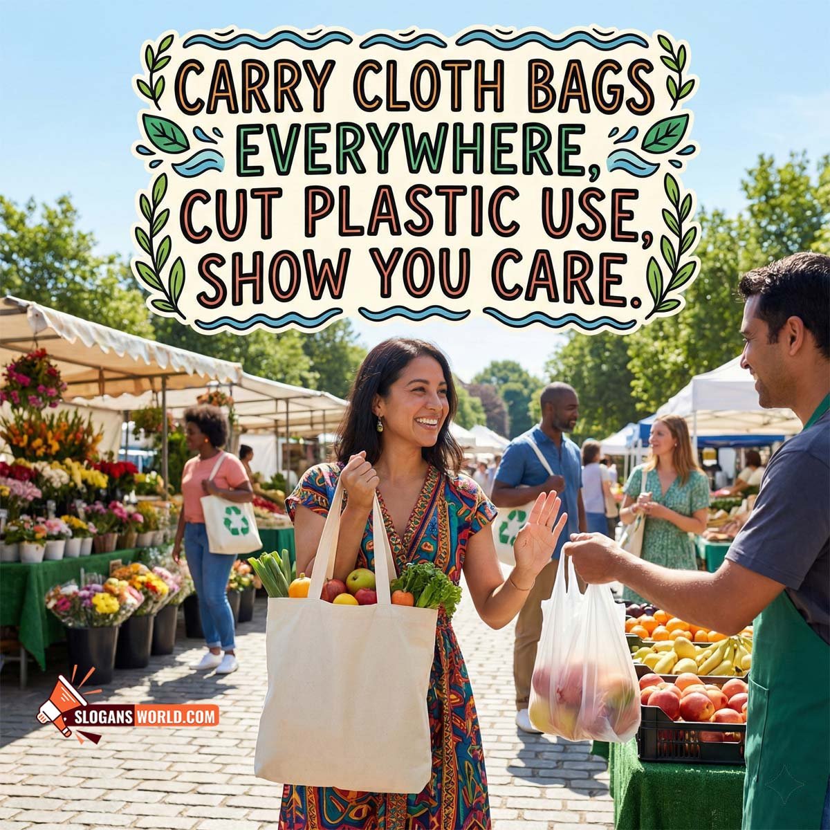 Say No to Plastic Use Slogan Image featuring a woman using reusable cloth bags at a market instead of plastic bags symbolizing eco-friendly shopping habits.