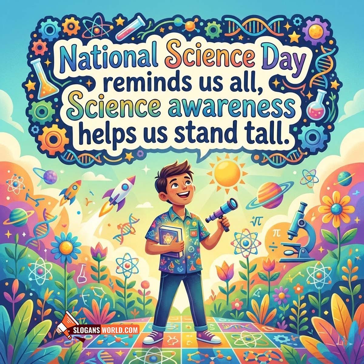 Science Awareness National Science Day Slogan Image featuring a young student holding a book and telescope surrounded by colorful science elements like DNA, atoms, and microscope symbolizing knowledge growth.