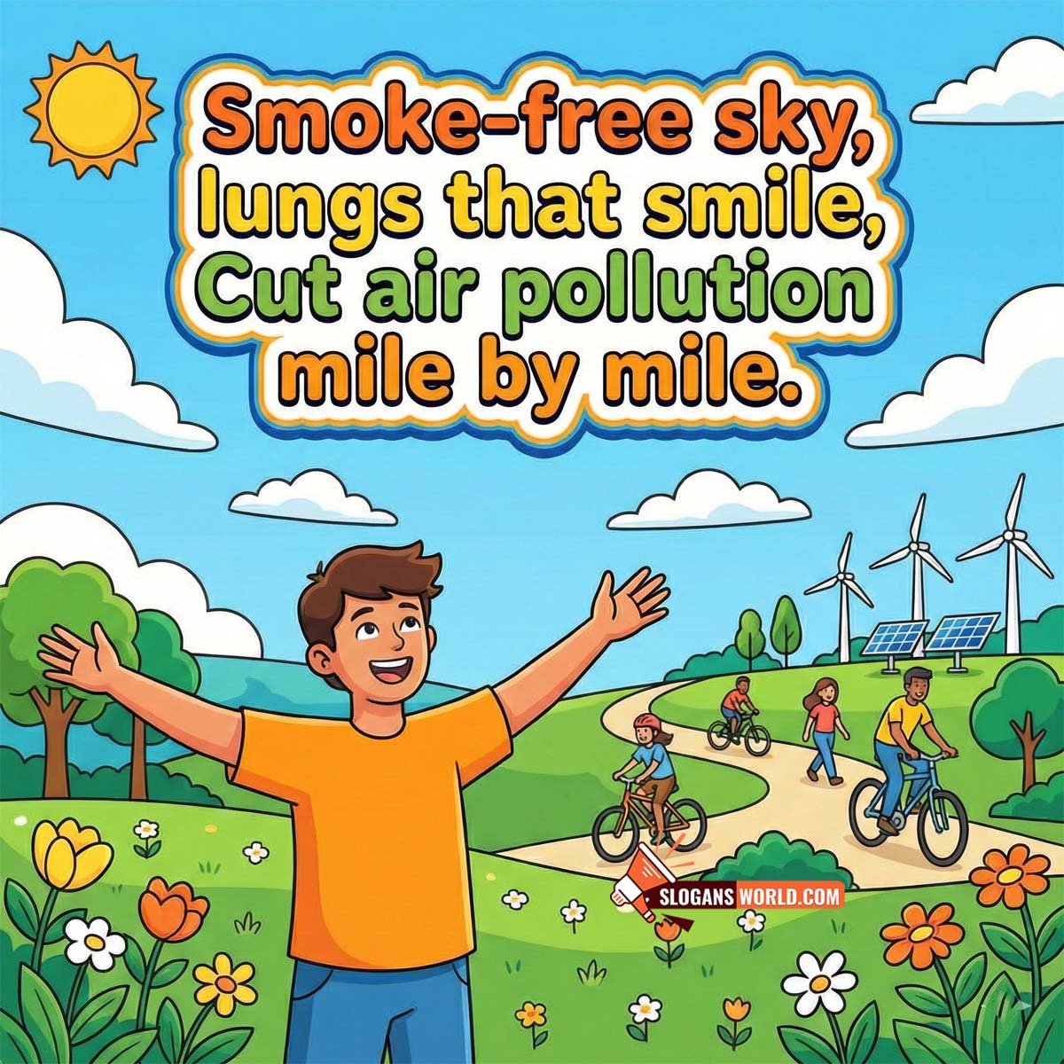 Smoke Free Sky Air Pollution Slogan Image featuring a boy enjoying fresh air while people ride bicycles near wind turbines and green fields symbolizing clean air and reduced pollution.