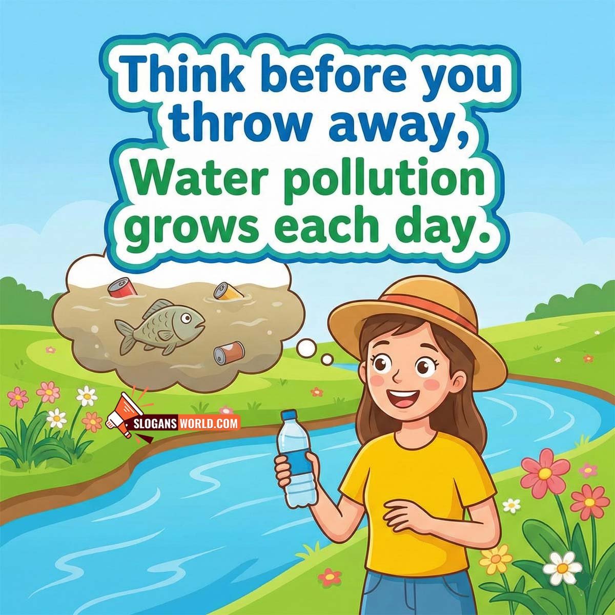 Water Pollution Awareness Slogan Image featuring a girl holding a plastic bottle near a river with polluted water and fish symbolizing the impact of careless waste disposal.