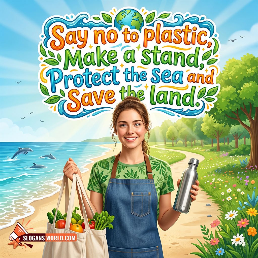 Anti Plastic Pollution Slogan Image for Environmental Protection featuring a young woman holding reusable shopping bags and a steel bottle near a clean beach symbolizing plastic-free living and nature conservation.