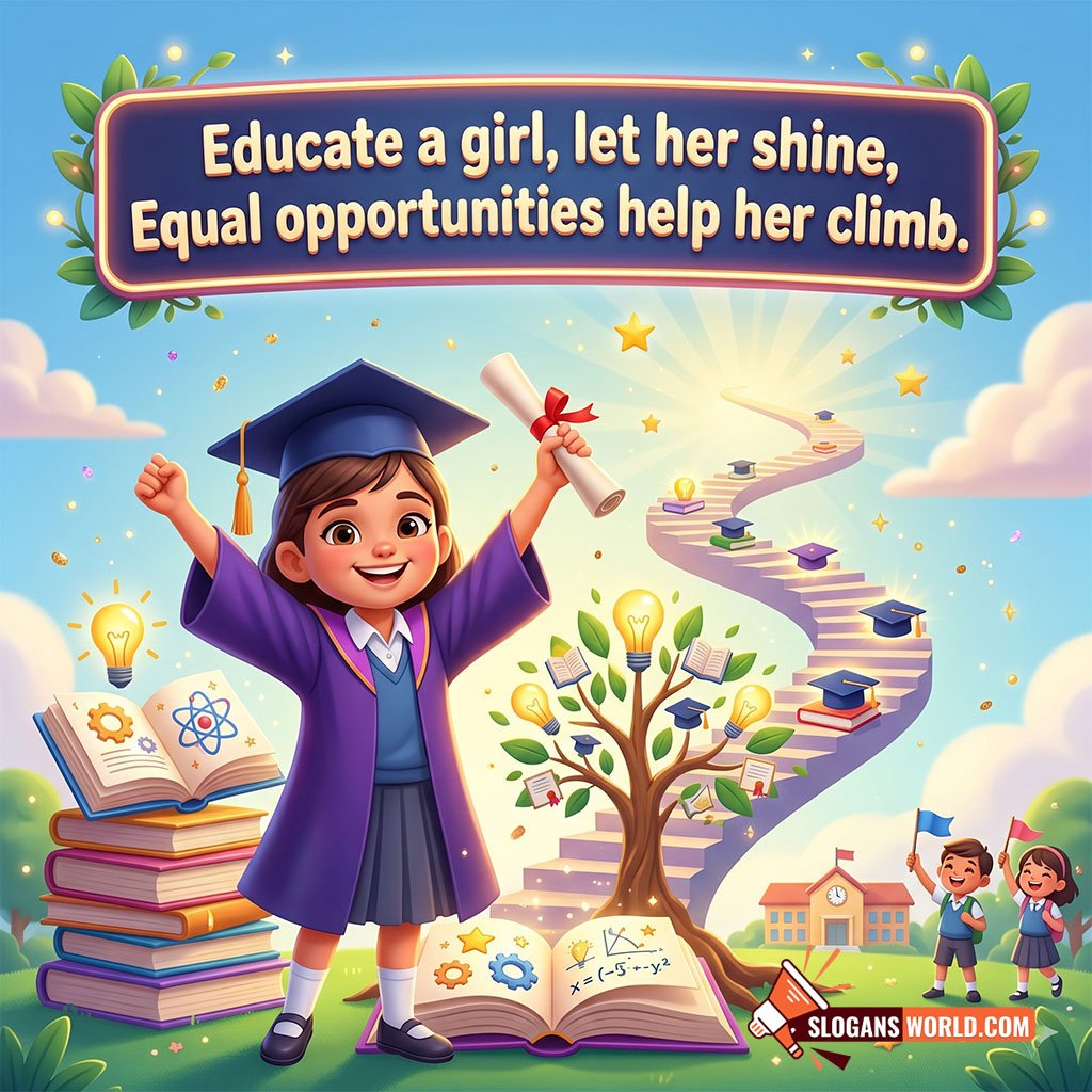 Girls’ Education and Equal Opportunities Slogan Image featuring a happy schoolgirl graduate, books, and a pathway leading upward toward success symbolizing equal access to education and achievement.