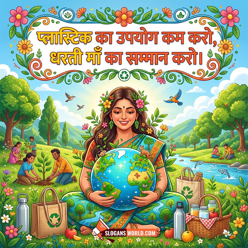 Hindi Plastic Pollution Awareness Slogan Image featuring Mother Earth surrounded by trees, rivers, reusable bags, and people planting saplings symbolizing respect for nature and reduction of plastic waste.
